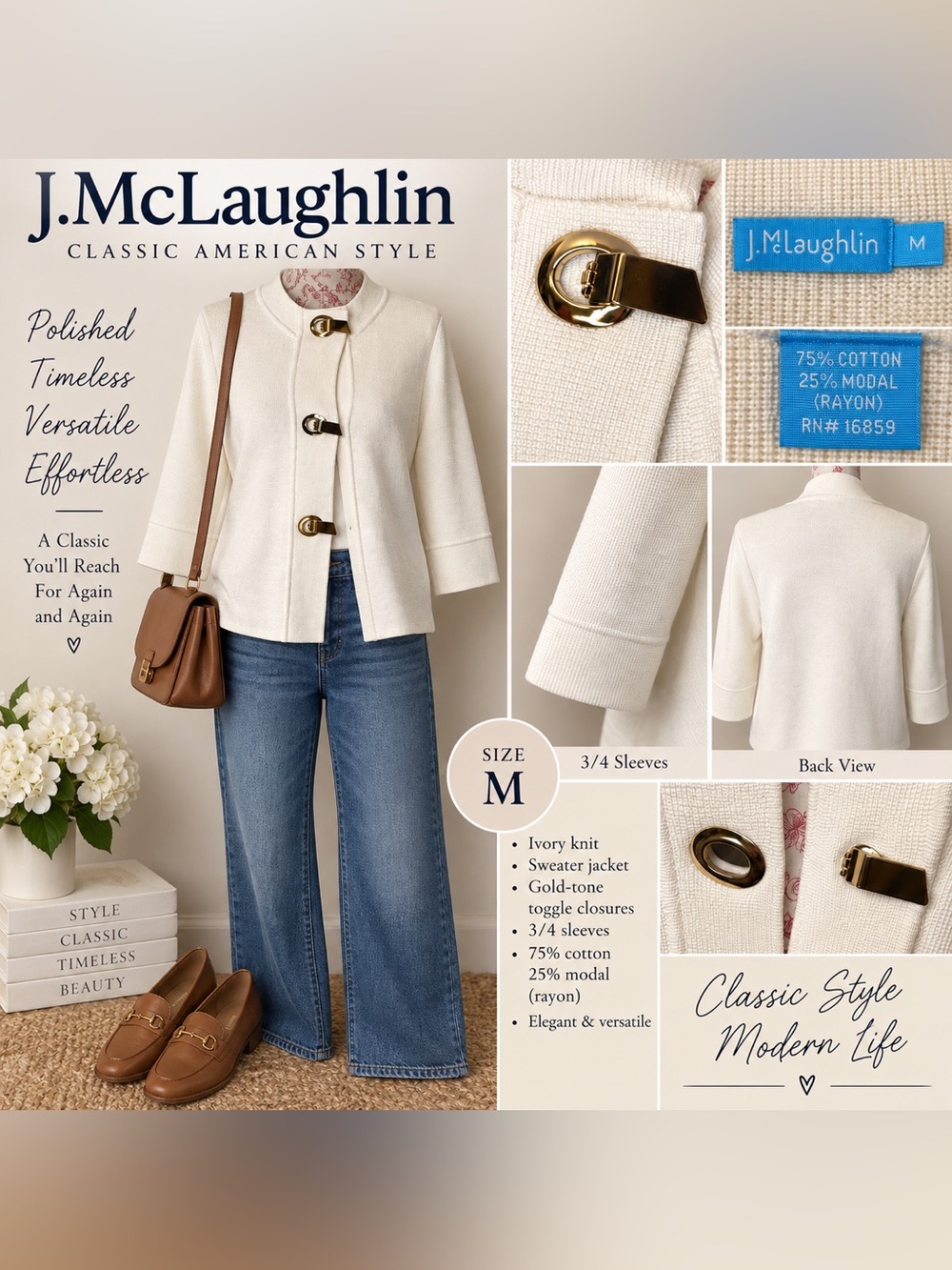 J. McLaughlin Ivory Knit Toggle Cardigan Sweater Jacket Size M